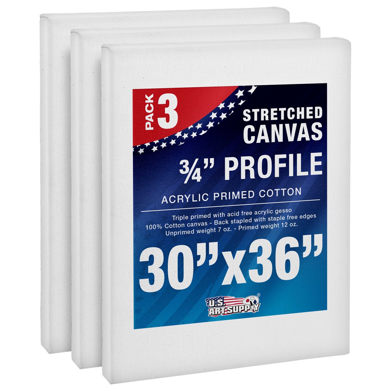 30 x 36 inch Stretched Canvas 12-Ounce Triple Primed, 3-Pack - Professional Artist Quality White Blank 3/4" Profile, 100% Cotton, Heavy-Weight Gesso